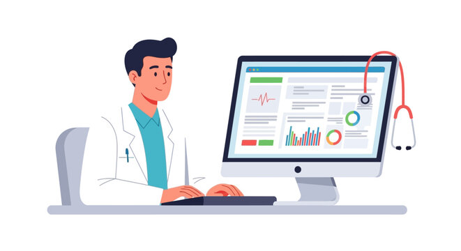 Doctor Working on Computer with Medical Data and Stethoscope - Telemedicine and Digital Health Concept Illustration