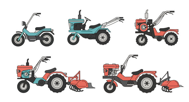 Set of Walking Tractors and Power Tillers for Small Scale Farming and Gardening Illustration