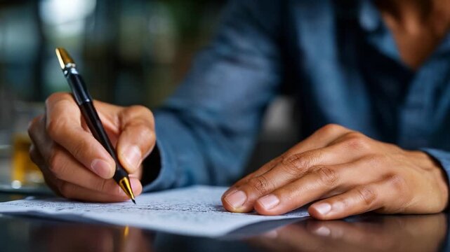 A close-up of a person's hands writing on paper with a pen, capturing a moment of creativity, focus, and reflection in a serene and stylish setting.