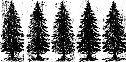 Obraz premium vintage pine tree silhouettes set black distressed evergreen shapes collection for nature and forest designs