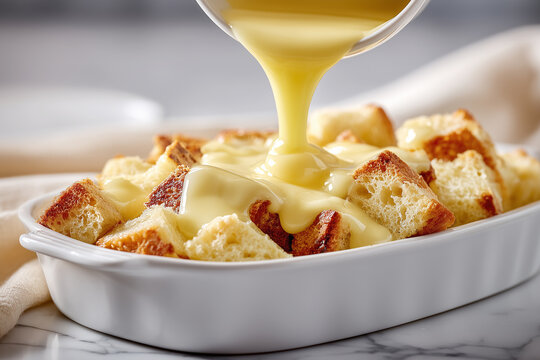 Warm bread pudding with creamy vanilla custard drizzle