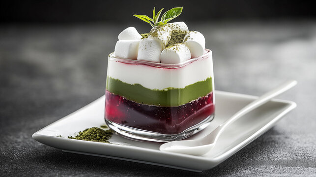 Layered matcha and berry parfait with marshmallows