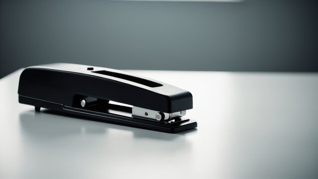 A close-up shot of a stapler placed on a white desk