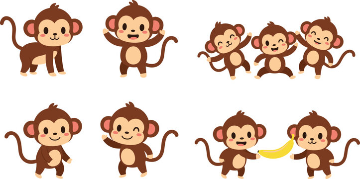 Cute monkey cartoon set with playful poses dancing jumping eating banana funny animal characters vector illustration collection