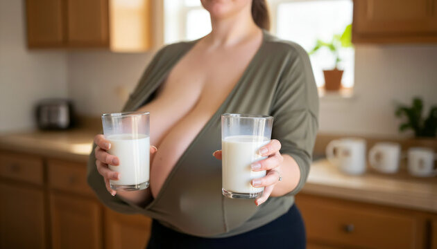 A woman with macromastia and big cleavage in a kitchen is holding two glasses of milk, with her top partially unbuttoned.