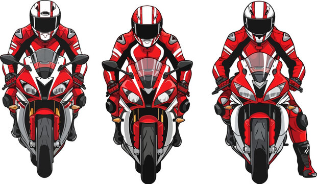 Sport motorcycle racer vector set, red superbike riders in full gear, professional racing bikers in protective suits and helmets, front view motorcycling icons