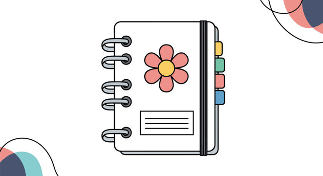 Spiral bound notebook with a white cover decorated with a pink flower and colorful index tabs on a patterned background.