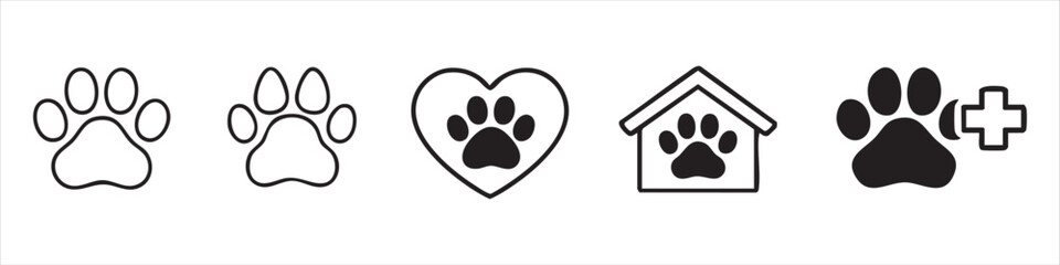 Set of minimalist black and white paw print icons representing various pet services including animal adoption, veterinary care, pet rescue, and shelter. © temastadnyk