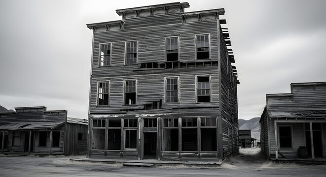 A ruined, old, multi-storey building in an abandoned ghost town. A gloomy look.