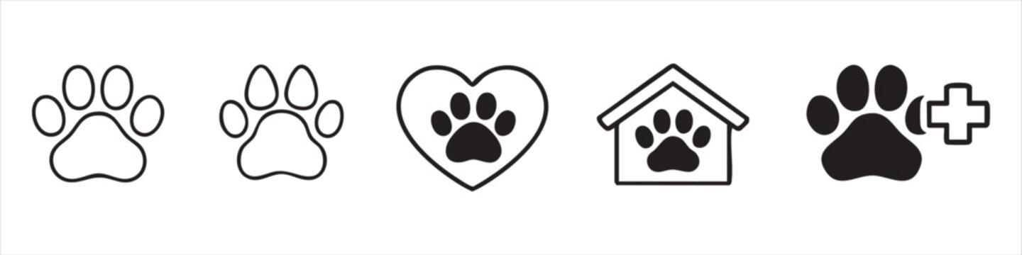 Set of minimalist black and white paw print icons representing various pet services including animal adoption, veterinary care, pet rescue, and shelter.