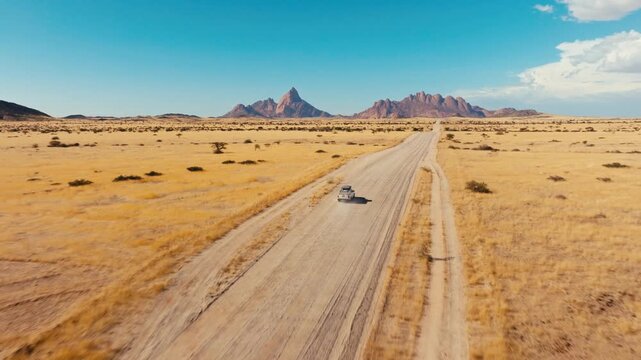 Drone shot with riding 4x4 car to Spitzkoppe in Namibia desert.