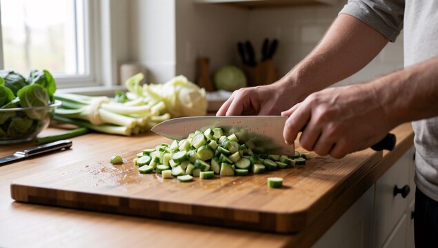 Chef dicing cucumbers on wooden cutting board in bright kitchen with natural light