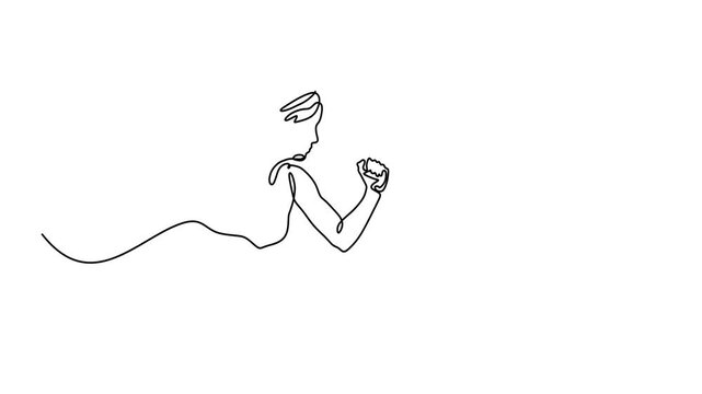 Animated self drawing of continuous line draw young woman athlete runner focus sprint run. Individual sport, competitive concept. Full length one line animation. 4K