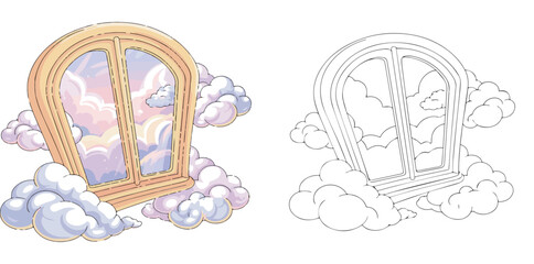 window frame floating among clouds showing bright sky vector illustration for children coloring book clipart and lineart