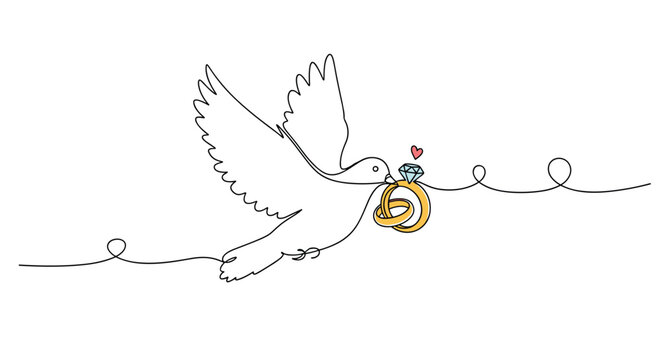 Simple continuous line drawing of a flying white dove carrying two interlocking wedding rings with a diamond on white.