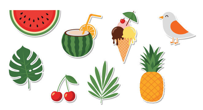 Summer themed sticker collection including a slice of watermelon, coconut drink, ice cream cone, tropical leaves, cherries, and pineapple.