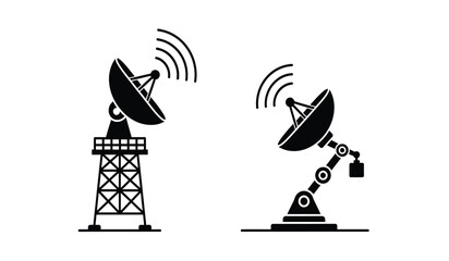 Fototapeta premium Two satellite dishes on tower and robotic arm silhouette