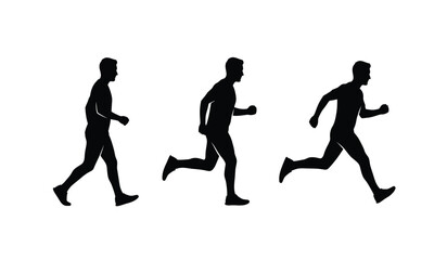 Obraz premium Silhouette of a man running in three stages showcasing motion and movement in a dynamic sequence of black figures on a white background