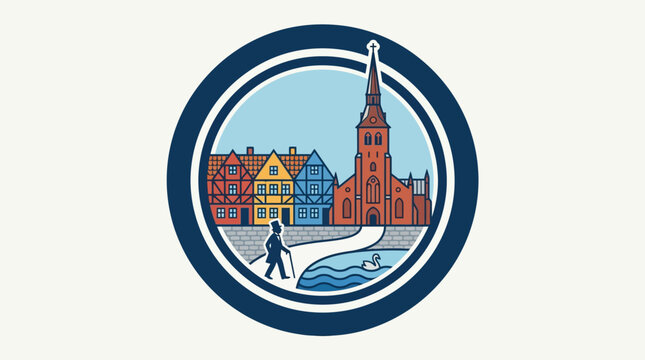 Colorful Architectural Scene Within a Circular Emblem