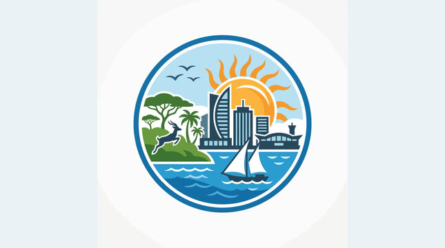 Cityscape Icon with Wildlife and Sailing Boat