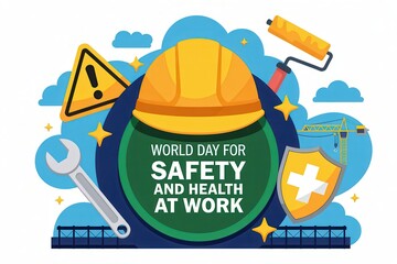 Fototapeta premium World day for safety and health at work concept with hard hat, tools, and construction elements