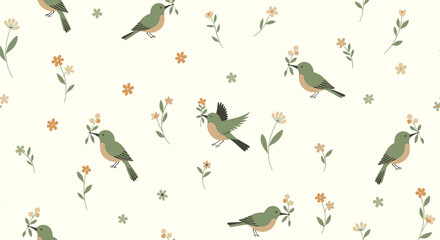 Fototapeta premium Sweet seamless pattern showing small green birds holding flower branches flying among tiny blossoms on a cream background.