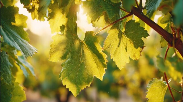 Close up of vibrant green grape leaves illuminated by golden sunlight