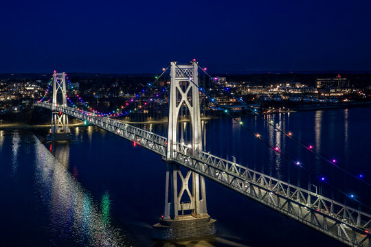 Poughkeepsie, NY, Early spring night arial view of the Franklin D. Roosevelt Mid-Hudson Bridge looking toward Poughkeepsie. 
