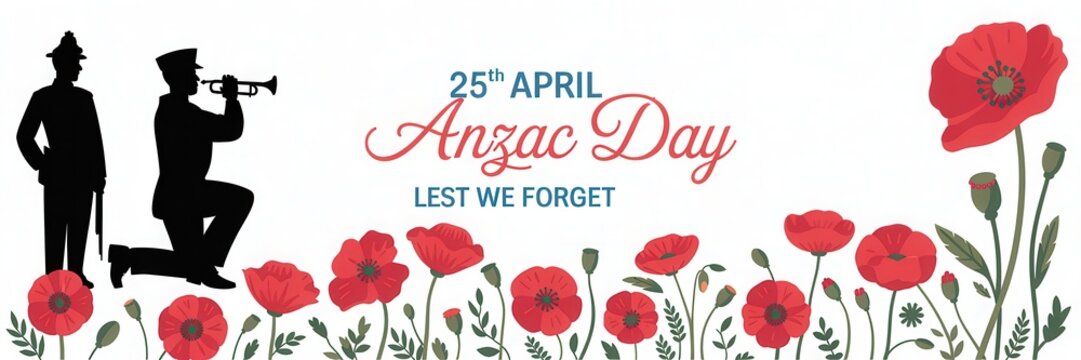 Anzac day 25th april banner with soldier silhouettes, bugler, and red poppy flowers isolated on white background
