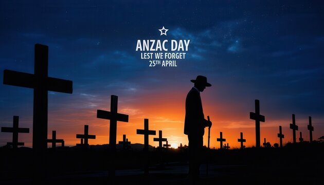 Silhouette of a veteran standing in a cemetery at sunset, anzac day commemoration, lest we forget