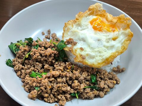 Stir fried minced pork with basil or Pad Kra Pao. Thai food