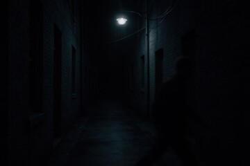 Obraz premium Dark narrow alley at night with single overhead light creating moody atmosphere, urban isolation and suspenseful cinematic environment