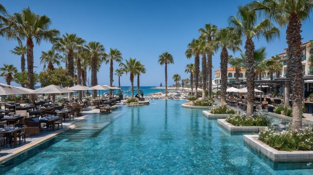 Luxury resort pool with palm trees and clear blue sky on a sunny day