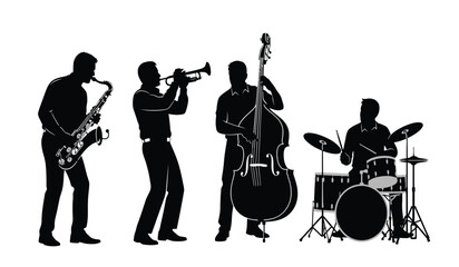 Silhouette of a jazz band performing with saxophone trumpet double bass and drums © ARSM D