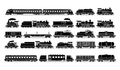 Train and Railway Vector Icon Set – Side View Transportation Silhouettes © SobujChandra