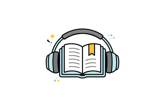 Creative illustration of an open book with headphones symbolizing audiobooks or learning