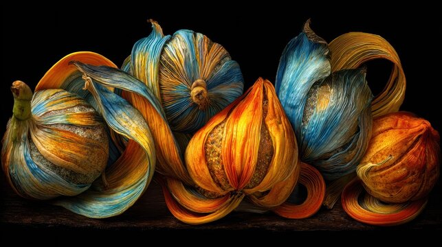Artistic depiction of colorful gourds against a dark background