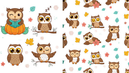 Obraz premium Cute Owl Vector Sticker and Pattern Set Featuring Reading, Sleeping, Winking, and Flying Owls with Autumn Leaves and Flowers Cartoon Wildlife Illustration Collection
