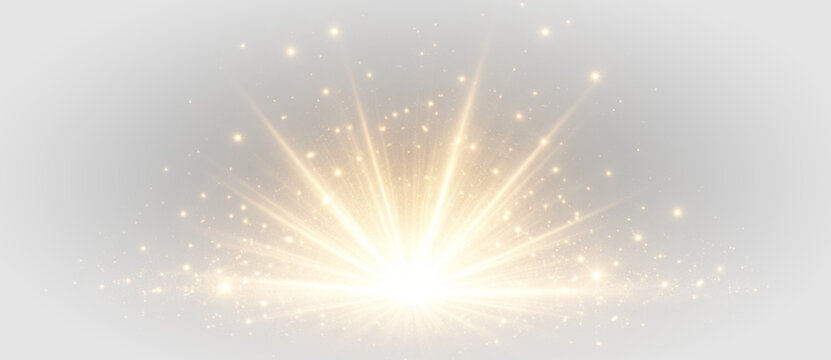 Golden starburst light rays glow sparkle explosion effect png overlay element, on transparent background
