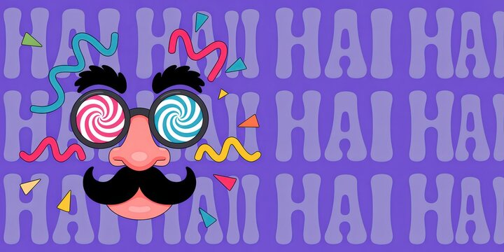 Funny disguise mask with glasses, nose and mustache on a purple background with abstract shapes and patterns