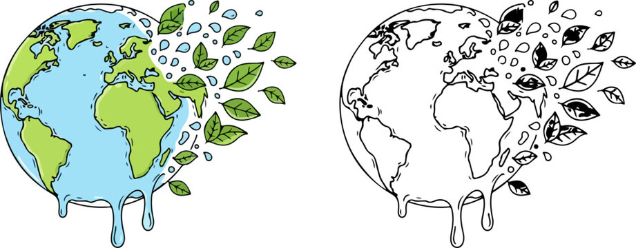 Global warming concept with melting earth and flying leaves, environmental climate change vector illustration, eco friendly planet earth icons