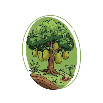 Lush Green Jackfruit Tree with Ripe Fruits and a Small Worm.