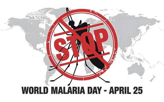 World Malaria Day "April 25" Poster with "STOP" Mosquito Sign and World Map Background