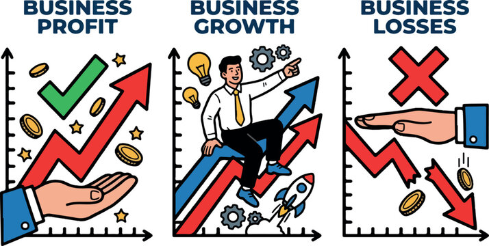 Business profit growth and loss vector illustration set with financial success, upward trends, decline charts, and economic performance comparison concepts
