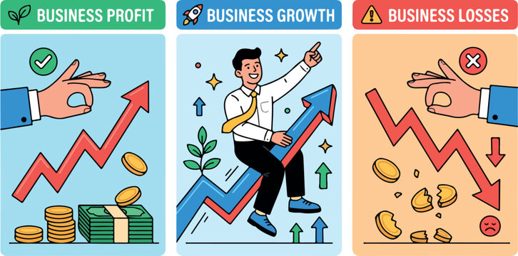 Business profit growth and loss vector illustration set with financial success, upward trends, decline charts, and economic performance comparison concepts