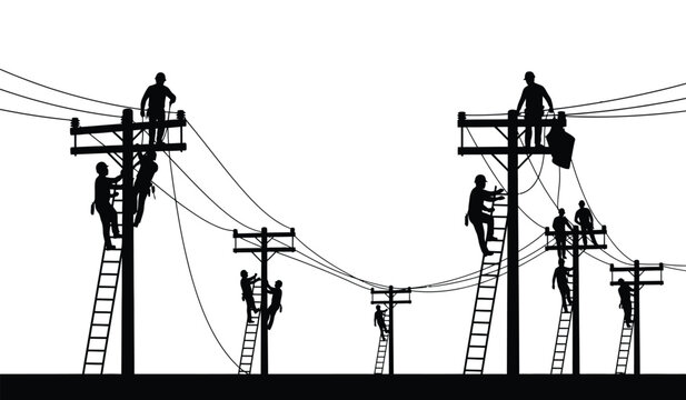 Silhouette of linemen at work on power transmission lines and poles