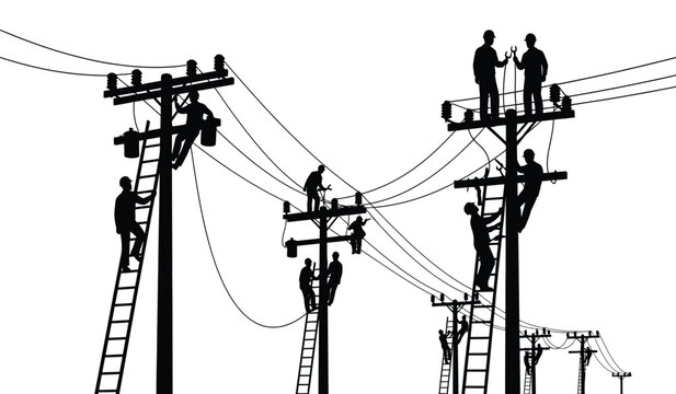 Silhouette of linemen working on power lines and utility poles at dusk