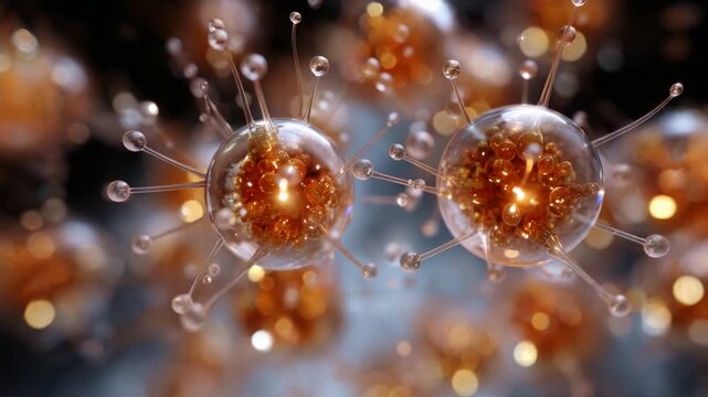 Intricate Close-Up of Microscopic Particles with Glowing Centers and Delicate Protrusions Reflecting Light in a Stunning Biological Environment