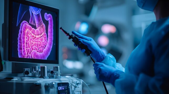 Medical professional performing colonoscopy procedure with advanced endoscope displaying intestinal imaging on monitor representing healthcare diagnostics gastrointestinal examination clinical 