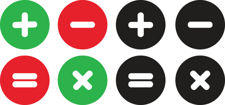 Minimalist math symbols icon set, 8 flat vector calculator buttons, green and red plus minus equal multiply signs, black circular arithmetic symbols